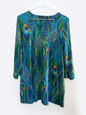 Gudrun Sjoden Tunic Dress Blue Green Bird Tropical Botanical Print Lagenlook S